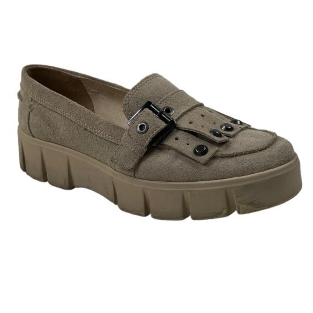 Geox Ghoula Italian Patent Suede Taupe Chunky Lug Loafers Buckle Size 38 (US 8)